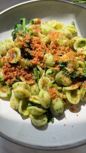Frankie Celenza Instagram - Orecchiette with cime di rapa - there are 3 keys to this dish. The first is to boil the broccoli rabe in the pasta water in the final 5 minutes of cooking - and without stems. The next is to have the textural variance of toasted bread crumbs. Finally, great anchovies. They add sweetness to balance the rapa and NO fishy taste if they’re great. The tip is to buy from a glass jar rather than a can in general. #pasta