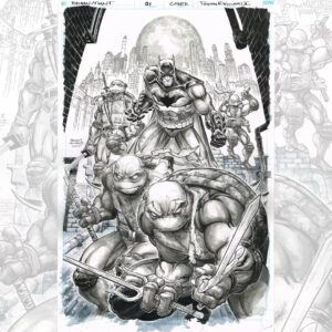 Freddie Williams II Instagram - Happy TURTLE THURSDAY! Black and white Batman/TMNT #1 cover for the original crossover series, also included is the layout sketch and breakdown inks.