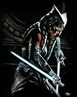 Gabriele Dell'Otto Instagram - “Ahsoka Tano” illustration color pencils @carandache and white #uniposca on @fabriano1264 black paper @marvel @georgelucasofficial @starwars @ahsokaofficial #comics #comicart @carmisterpixel @yokaidavid