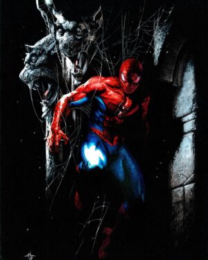 Gabriele Dell'Otto Instagram - “The amazing Spider-Man” color pencils @carandache on @fabriano1264 black paper @marvel @spiderman #art #comics #blackpaperart #web #gargoyles @yokaidavid @carmisterpixel