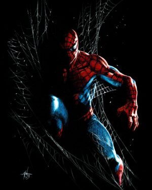 Gabriele Dell'Otto Instagram - “A couple of Spider-Man!” Color pencils @carandache and white uniposca on black paper @fabriano1264 @marvel @spiderman #blackpaper #art #comics #comicart  @yokaidavid @carmisterpixel