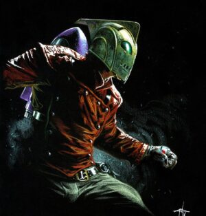 Gabriele Dell'Otto Instagram - “The Rocketeer: Den of Thieves #1” variant for @spectralcomics color pencils @carandache on black paper  @fabriano1264 #rocketeer #comics #art #blackpaper @yokaidavid @carmisterpixel #davestevens