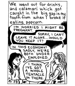 Gabrielle Bell Instagram - This is a comic I drew about @angelafanche around four years ago, and is now part of the exciting new anthology Peep Magazine, published by @wearebraindead, edited by @samharkham and @wei_ss_man.
Angela also is publishing an exciting new anthology, coming out soon, called Bernadette, which I also have a comic in, but I will save the details on that for another post.