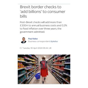 George Clarke Instagram - I’m just staggered that this came into force last week and hardly anyone (especially none of the political parties) are talking about it! Food is going to become even more expensive than it is already and supplies of certain products may become more difficult to get hold of. And if people say “buy local instead” (which I do as much as I can!) it’s worth noting that the UK cannot provide enough food to support its own population. We need to import certain goods. These post-brexit checks are going to be devastating for small business in the UK! Another complete BREXIT S**T SHOW! Let’s have a BRETURN referendum because I still can’t see one single benefit of Brexit! 

This is from Sky news on Tuesday 30th of April

“Border checks on food and plant imports will add billions of pounds to the cost of doing business with the European Union, industry figures have warned.
From today European imports considered a “medium risk” to UK biosecurity will face physical inspection as part of a new border regime introduced almost eight years after the Brexit vote, and delayed five times in two years.”

#Breturn #BreturnReferendum #RejoinEU