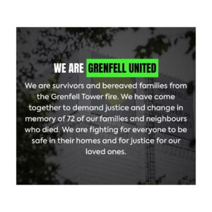 George Clarke Instagram - Tonight it’s 7 years. The worst night imaginable. We will never, ever forget and we will never stop fighting until JUSTICE is done. We owe it to those who lost their lives. Tomorrow please pay your respects to the 72 people who should still be with us. (photo taken by me tonight). 💚 
.
.
.
#Grenfell #GrenfellTower #Justice #72 #GrenfellUnited