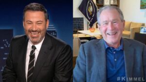 George W. Bush Instagram - Enjoyed chatting with @jimmykimmel about my new book, dodging his questions about UFOs, and guessing which Bushisms were mine. Tune in tonight. @jimmykimmellive @abcnetwork #kimmel #outofmanyone #abc