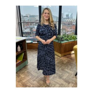 Georgie Barrat Instagram - What a brilliant way to finish off the week. Love joining the @bbcmorninglive team - they are honestly the happiest bunch of people 😌 Dress is from @hushofficial, which I got in a size up to accommodate the 🤰this pregnancy I’m going with the ankle length dress / skirt vibes. Trying to embrace wearing the same thing on repeat 🫣