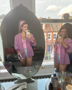Georgie Barrat Instagram - 24 hours @wildernesshq - yes we had torrential rain & lots of muddy fields, but when you haven’t been to a festival since before Covid it was SO worth it. Outfit of course inspired by Barbie #barbiecore