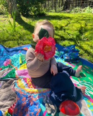 Geraldine Hakewill Instagram - flower face 

ID: A baby sits on a colourful mat on the grass. He holds a big pink camellia over his face.