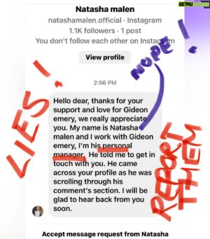 Gideon Emery Instagram - Please beware of this person. I don’t know them and they are NOT affiliated with me. Report them if they approach you. #staysafe