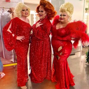 Ginger Minj Instagram - Ladies in red! With @aprilfreshdrag and @addiepatty2012 backstage final night of @misscomedyqueen ❤️❤️ #red #ginger #southern #food #southernfriedsass #drag #rupaulsdragrace