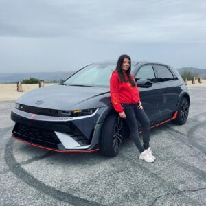 Ginny Buckley Instagram - I managed to get a quick drive in this at the World Car Awards LA test drives, what a clever car! 

The Hyundai Ioniq 5N is up for World Performance Car and while it certainly has stacks of performance, it also has all this…

⚡️N-e Shift which mimics the feeling of an eight-speed dual-clutch transmission.
⚡️N-Grin Boost which delivers an extra power boost. 
⚡️N Active Sound-plus which makes fake engine noises played through ten different speakers - eight on the inside and two on the outside.
⚡️’Ignition’ sounds like a 2.0-litre turbo petrol engine complete with overburn pops and bangs.
⚡️Evolution’ an electronic sound inspired by the 2025 Vision Concept Car.
⚡️‘Supersonic’ simulates a fighter jet, because why not!
⚡️Paddles on the steering wheel control regen and also mimic the gears.
⚡️Dampers are electronically controlled to helps to mask the weight of the EV.
⚡️Handles like a dream with zero emissions or noise pollution. 

What do you think of it team?!

#losangeles #caroftheday #electriccar #performancecar #sportscar #ioniq5n #wcoty #latestfest #sheselectric

.
.
.
.
.
.
.
.
.
.
.
.
.
.
.
#cargirl #cargirls #instacar #carsofinsta #carsofinstagram #testdrive