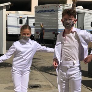 Giselle Eisenberg Instagram - #BTS Behind the scenes is always fun! #AnnaKat & #Franklin learning fencing 🤺 and practicing #stage combat!!! (👏🏻👏🏻👏🏻 Jeremy - Stunt Coordinator!!) #CovidSafety #WearAMask #AmericanHousewife #EnGarde !