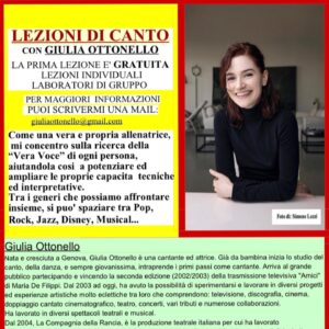 Giulia Ottonello Instagram - ✨Ciao! Dal 2018, compatibilmente al mio percorso artistico che sto cercando di portare avanti con tutte le mie forze e migliori intenzioni, ho iniziato, un passo alla volta, ad insegnare canto. Prevalentemente seguo lezioni individuali a Genova centro nel mio studio, seguo anche laboratori vocali di gruppo in giro per l’Italia. 
Chiunque fosse interessat@ a maggiori informazioni può scrivermi a questo indirizzo mail: giuliaottonello@gmail.com

Grazie ✨