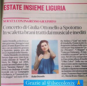 Giulia Ottonello Instagram - Che bella serata ieri sera a #Spotorno ,grazie al progetto #TelefonoDonna partito proprio ieri sera con questo concerto #live20 
Grazie al meteo che ha gentilmente aspettato fino ad oggi per farci capire che probabilmente l’estate sta finendo. Grazie a tutte le persone presenti che hanno scelto di passare una serata con me e con i super musicisti @fnegripianist alla tastiera, @nicola_bruno_music al basso, @andreakala_guitar alla chitarra e @giankadrums  alla batteria. Era molto tempo che non facevo un mio concerto, gli ultimi anni sono stati anni intensi, anni particolari e difficili, ma in questa nuova fase della mia vita, in questa ripartenza generale, spero che questo concerto sia il primo di una lunga serie, dobbiamo festeggiare tutti insieme ✨✨✨💛