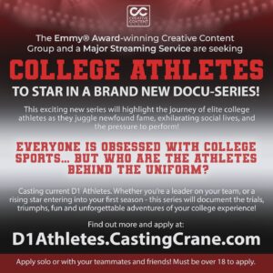 Goloka Bolte Instagram - CASTING COLLEGE ATHLETES! The Emmy® Award-winning Creative Content Group and a Major Streaming Service are seeking COLLEGE ATHLETES TO STAR IN A BRAND NEW DOCU-SERIES!

This exciting new series will highlight the journey of elite college athletes as they juggle newfound fame, exhilarating social lives, and the pressure to perform! 
Everyone is obsessed with college sports… but who are the athletes behind the uniform?

Casting current D1 Athletes. Whether you’re a leader on your team, or a rising star entering into your first season – this series will document the trials, triumphs, fun and unforgettable adventures of your college experience!

https://d1athletes.castingcrane.com

Apply solo or with your teammates and friends! 
Must be over 18 to apply.
.
.
.

#d1athlete #collegesports #ncaa #studentathlete #collegeathletics #ncaabasketball #collegefootball #collegesoccer #ncaafootball #cfb #ncaasports #collegevolleyball