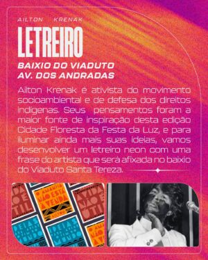 Grace Passô Instagram - Chegou a hora de conhecer as instalações que farão parte da 3ª edição da Festa da Luz!

Elas estarão espalhadas ao longo do nosso Circuito, proporcionando novas formas de ver e viver a cidade.

Ao todo serão 8 instalações em exposição durante todos os dias do festival, entre 23 e 26 de maio, no Viaduto Santa Tereza e seu entorno.

Conheça 3 das artistas que integram a Festa da Luz 2024:

Ailton Krenak (MG) ✨ Letreiro 📍 Baixio do Viaduto/ Avenida dos Andradas

> Ativista do movimento socioambiental e de defesa dos direitos indígenas. Seus pensamentos foram a grande inspiração para o tema da edição deste ano, Cidade Floresta. Sua obra letreiro chega para iluminar as ideias do nosso público com um convite para reimaginar a vida e o movimento na cidade.

Grace Passô (MG) ✨ Mandinga 📍 Escadaria da Rua Sapucaí

> Premiada atriz, diretora, curadora e dramaturga mineira, criou uma “frase-feitiço” para a Festa da Luz em formato de letreiro para promover o movimento do tempo e  provocar sonhos e recuperar lembranças do passado.

Pirilampos do Planeta (RJ) ✨ Pirilampos 📍 Edifício Chagas Dória

> O duo, formado por Lula Duffrayer e Flávio Carvalho, usa lixo plástico para criar esculturas em formato de correntes coloridas e iluminadas. Para a Festa da Luz, trarão uma instalação feita com mil metros de correntes de plástico reciclável que serão dispostas sobre a fachada do icônico Edifício Chagas Dória. A concepção e arquitetura da instalação foram desenvolvidas pela arquiteta e expógrafa Camila Schmidt @camilasch .

Logo mais a gente apresenta os outros seis artistas e suas instalações que fazem parte do line up da nossa 3ª edição.

[ Descrição da imagem no comentário fixado ]

Crédito foto Ailton: Fernando Rabelo

#FDL24 #festadaluzbh #cemig #energiadacultura #belohorizonte

CEMIG apresenta Festa da Luz 2024
Realização >> @casinha.ac - @hibrido.cc - @publica.art
Patrocínio exclusivo >> @cemigenergia