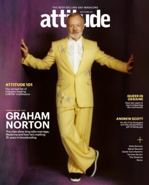 Graham Norton Instagram - I’m a model! @attitudemag out now!  Words @jamietabberer.  Photography @tomjjohnsonphoto  Styling as always #lindseymclean  Hair&make-up as always #mandyfurlonger.  Fashion asst @outfitbyaarin.  Photography asst @lukes.jpeg  Suit @alexandermcqueen  Trainers @louboutinworld