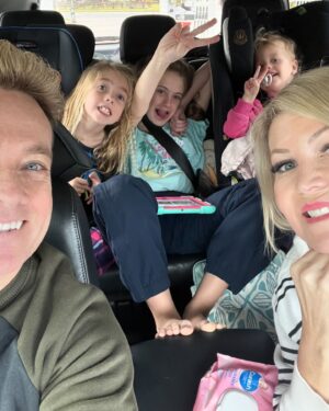 Grant Denyer Instagram - Just a few hours into School holidays and we’re on the road having already broken up several fights.
“She said blah blah..”
“She looked at me like this..”
“That’s my window, not yours…”
“I’m hungry. I’m starving… “
And that’s just Grant and I LOL, the kids have been a dream 😝 

#cartrips #schoolholidays #sorrymumanddad #3kids #siblingfights