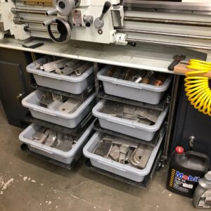 Grant Imahara Instagram - Designed and built this rack for my scrap aluminum stock. Fits in the space right under my lathe and has high-capacity drawer slides so the bins roll out smooth.