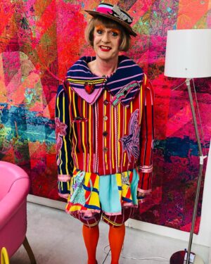 Grayson Perry Instagram - Had a fabulous evening giving a talk to the Worshipful Company of Carpenters this evening.
Outfit by CSM student Hannah Dixey, hat by Ruth Ravenscroft