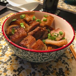 Griffin McElroy Instagram - Made a pork belly bowl tonight! Three pounds o’ belly, sous vide-d for eight hours, served with rice and a brown sauce I kind of freestyled.