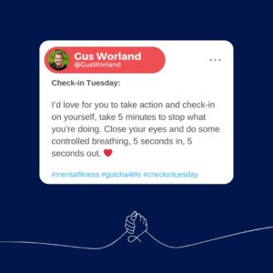 Gus Worland Instagram - Take 5 mins out of your day to do this. Unclench your jaw and drop your shoulders ❤️
@gotcha4life 
#mentalfitness #checkintuesday #gotcha4life