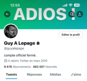 Guy A. Lepage Instagram - Adios Twitter !

Si vous voulez quitter Twitter :

1) Ne désactivez pas votre compte. Des crosseurs pourraient alors ouvrir un compte avec votre ancien nom et utiliser votre réputation pour vendre de la cryptomonnaie ou une crème contre la dysfonction érectile !

2) mettez votre compte en mode privé.

3) archivez vos tweets si vous le désirez. 

4) effacez tous vos tweets, retweets, like, etc avec une app du genre TweetDeleter.

5) quittez ce monde parallèle.

6) souriez.