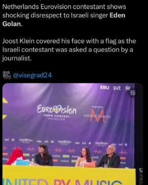 Guy Oseary Instagram - Meet Eden Golan @golaneden a 20-year-old singer competing in just a few hours at the Eurovision Song Contest in Sweden. The last few days, Eden has faced numerous challenges:

	1.	A crowd of a thousand people protested her participation in Eurovision outside her hotel. It is unsafe for her to leave the hotel. 
	2.	Due to threats against her life, 100 police officers were needed to escort her to the show. 
	3.	Last year’s Eurovision runner-up from Finland, Käärijä, did a cute dance with Eden which was filmed and posted online. He later issued a public apology, and asked for it to be taken down. 
	4.	Joost Klein, the Dutch contestant, displayed blatant disrespect by covering his face when Eden was asked a question by a journalist.
	5.	Marina Satti contestant from Greece feigned sleep during Eden’s interview, in an apparent act of disregard.
	6.	A Polish journalist provocatively blamed Eden for the heightened security risk at the event, questioning her presence: “By being here, you are a security risk and danger to everyone! Don’t you care?”
 7.  She was booed during her performance from some people in the audience. 

What has Eden done to deserve all this hate???
The answer: she is a jew from Israel. 

“No one is born hating another person because of the color of his skin, or his background, or his religion. People must learn to hate, and if they can learn to hate they can be taught to love, for love comes more naturally to the human heart than its opposite” - Nelson Mandela 

I would have written this post if Eden were Muslim and being discriminated this way at a music show. Music has been a positive force in my life. Music has no borders and is a way for people to come together. Music unites 🙏🏽

Amid the harrasment , threats and antisemitism.. Eden’s resilience shines. Her performance was applauded and she made it to the finals. 
I wish her all the best tonight. 

“Hatred paralyzes life; love releases it. Hatred confuses life; love harmonizes it. Hatred darkens life; love illuminates it.” -Martin Luther King Jr.

Salam, Shalom, Peace and LOVE to all ❤️💛💚