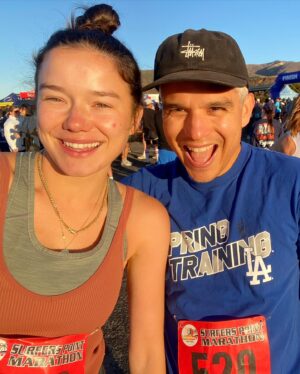 Hanna Mangan Lawrence Instagram - Last year, I ran by this race when I was 32 weeks pregnant and I set the goal to compete this year. It felt so great to be running today and to do it with Omar, who was running his first half-marathon. Grateful for our support group in Ventura and my sons who sat (napped) in a double stroller for our long runs #surferspointmarathon