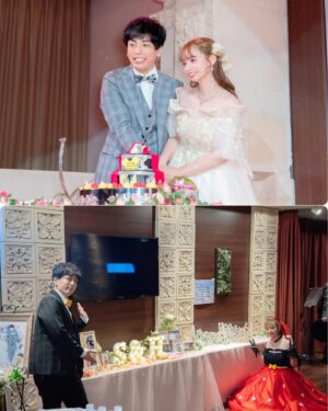 Haruka Yamazaki Instagram - 👰結婚式あげました🤵🤍🕊
＊
妹の着物はお母さんの形見で
🥁🎤特注ケーキ
凪庵先生のウェルカムボード♡
ミリオン38人＋ライブゲームアニメ各所スタッフ総勢147名からのサプライズムービー🎁
豪華な余興🎤(また写真のせるね✨️)
ミッキーミニー風衣装♥️🖤💛
＊
沢山の人に囲まれた幸せな日になりました🤍
＊＊ 
 #結婚式 
 #ミニードレス
 #ディズニーウエディング (風)
 #披露宴
 #結婚式コーデ