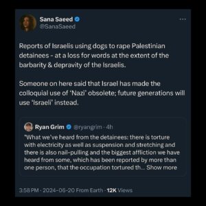Hāwane Rios Instagram - Repost @our.moral.imperative 

Repost from @our.moral.imperative
•
I had to remove myself from social media today. It’s hard to believe that I could be stunned by the horrific actions of the IDF, but the inhumanity has no boundaries.

If, after this, you still won’t call for @potus to end the genocide that we’re funding with our tax dollars, if after this he does nothing except espouse his “ironclad support” for Israel and the continued wanton and unchecked violent genocide of the Palestinian people- if after all of that you want to tell me to vote for Biden???

I’m beyond sickened and repulsed. I don’t even know the words right now. I don’t know how to describe the competing feelings that today has brought.

Humans are fucking evil.
.
.
.
Via @nowinpalestine 

Imagine that zionists will read these stories and not bat an eye. Imagine that corporate media will see these stories and decide to not report on them. 

Disclaimer: the in-video is translation is accurate, the words he used was “in a nazi and sadistic method never seen before in history, they used trained dogs to perform sadistic sexual assault on the captives”. 

The Arabic explicit word for ‘rape’ was not mentioned in this 1 minute clip. The Arabic word فاحشة (fahisha) was used, which is a more umbrella term for illegal sexual activity (can include rape). 

An Al Jazeera article has however reported on this story using the specific word for “rape” more than once in that article.

You might question if we’re all reading the same words, we are… they just somehow do not care. The devil himself would be repulsed