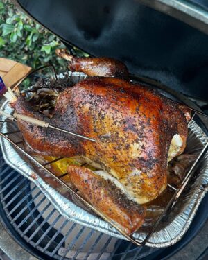 Heather Anne Campbell Instagram - I’ve never made turkey before so I decided to go all in. brined turkey the day before, injected turkey with marinade, garlic butter under skin, and then smoked it outside over pecan chunks. Happy thanksgiving