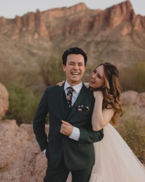 Heather Vaughn Instagram - There are honestly no words to describe how much I love these photos. Alyssa, you’re incredible thank you SO much. These “day after” wedding photos are my favorite photos I think will ever exist of us 😂 And look how cute the Koko Bean looks! 🥺❤️ 
.
.
#wedding #desertwedding #azwedding #arizonawedding #weddingdog #weddingdress @alyssacampbellphotography @speedosanchez