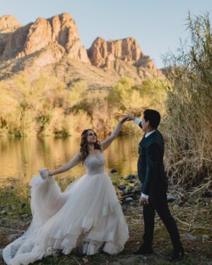 Heather Vaughn Instagram - There are honestly no words to describe how much I love these photos. Alyssa, you’re incredible thank you SO much. These “day after” wedding photos are my favorite photos I think will ever exist of us 😂 And look how cute the Koko Bean looks! 🥺❤️ 
.
.
#wedding #desertwedding #azwedding #arizonawedding #weddingdog #weddingdress @alyssacampbellphotography @speedosanchez