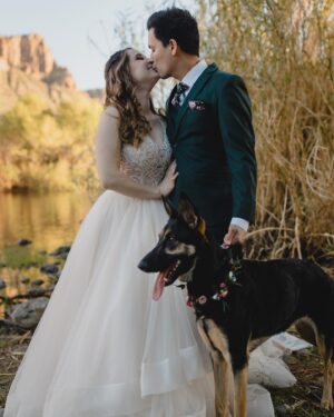 Heather Vaughn Instagram - There are honestly no words to describe how much I love these photos. Alyssa, you’re incredible thank you SO much. These “day after” wedding photos are my favorite photos I think will ever exist of us 😂 And look how cute the Koko Bean looks! 🥺❤️ 
.
.
#wedding #desertwedding #azwedding #arizonawedding #weddingdog #weddingdress @alyssacampbellphotography @speedosanchez