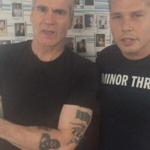 Henry Rollins Instagram - I'm here @kcrw with my pal @vikkila and we are excited for Henry to interview our friend @obeygiant. 🎤📻

#henryrollins #graytshirt #shepardfairey #obey #damaged #music #reallyquickinterview #victoriayarnish #henryandheidi
