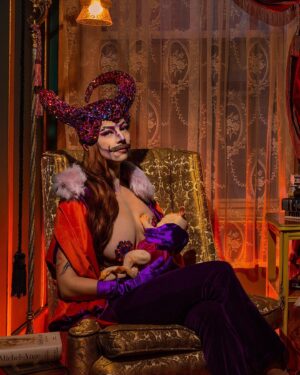 HercuSleaze Instagram - Father-son time 🍼🍼🍼 I want to challenge the idea that motherhood (and parenthood in general) are incompatible with drag. I don’t know for sure if I’ll be a parent someday but that won’t stop me from being an artist 

Seated photo:
Art direction, photo & retouching: @jeansebastiensenecal
Art Direction, Styling &  photo assist: @poe.mtl
Concept: @hercusleaze
Location: @athletic_rokoko & @boisleduc.art

Baby Mortgorg photo by @strangemmaker

Herc’s headpiece by Herc
Demon baby: mould by Witdiy, painting by Herc

#dragartist #dragking #dragkings #dragqueen #dragthing #malecontour #maleillusionist #dragkingmakeup #femmeking #montrealdrag #canadiandrag #instadrag #dragphotography #androgynous #genderbender #performanceart  #queerart  #dragkingsofinstagram #dragkingvisibility #alldragisvalid #demonbaby #dragparent