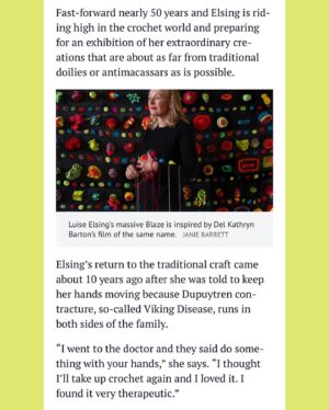 Holly Ringland Instagram - CREATIVITY 👏 IS 👏 CONTAGIOUS. I blub-honked into my coffee this morning when I read this: @luise_elsing_crochet is about to exhibit her extraordinary crochet artwork, after reading The House That Joy Built.

Insert fainting Elmo GIF here. 

Luise, CONGRATULATIONS - I’m move beyond words, thrilled for you, and raucously cheering for you every stitch of the way! 

Friends on Gadigal Country, Luise’s exhibition, Blasè, opens at @woollahragallery on July 16, 2024. By the sound and look of it, this is not to be missed - especially Luise’s incredible centrepiece, inspired by the art of beloved @delkathrynbarton.

❤️‍🔥 🧶 ❤️‍🔥