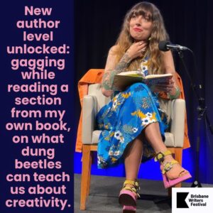 Holly Ringland Instagram - Knowing that I was going to finish 4 months of touring with a final event in my home state at @briswritersfest felt so sweet and so good that as it drew closer, I started to let myself romanticise about the high I wanted to end on. Beautiful audience? Check. Wonderful host? Check. Great venue? The State Library of Queensland - check, check, check. What did I not envisage for myself in my concluding hour of glory? Sitting on stage and gagging for the first time ever as I read aloud from my own book (words I wrote and have read over countless times before) about what dung beetles rolling the shit of other animals can teach us about our own creative processes. But there I was. Gagging and giggling and gasping for air as I read about these little beetles who not only need shit to survive but also navigate by the stars through said shit. And, of course, Sam caught the precise moment on camera. I realised afterwards It was obviously a perfect conclusion to this utterly extraordinary, exhausting time. 

To the Meanjin/Brisbane crowd who joined us, you were such a delight and filled my heart. Thank you so much for coming. Thank you @becmacstudio for hosting our conversation with such kindness, generosity, energy and wonderful questions. To all the festival staff, volunteers and booksellers, thank you so much for taking care of us. And to everyone who waited in the signing line and were so lovely, kind and supportive, you’re a sky full of stars. It is an incredible thing to write a book, have it published and meet the readers to whom it matters. The power of it will never wear off for me.

🪲💩🌟