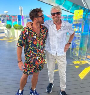 Hugh Sheridan Instagram - What do you think I said?!! 👀 I mean… imagine the party alone?!! My first ever Virgin Voyage is off to an incredible start. @virginvoyages @richardbranson and @fawchouse thank you!!! BTW I would’ve said yes if it was on @virgingalactic 🪐 💫 😂