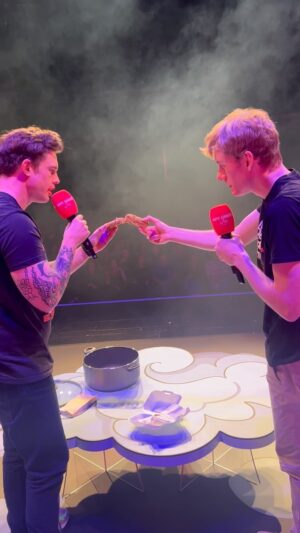 Iain Stirling Instagram - As requested by many people. Ed Gamble and James Acaster eating deep fried Mars bars x
