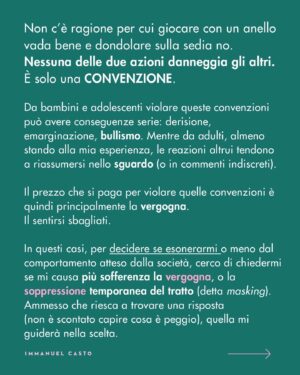 Immanuel Casto Instagram - Riflessioni personali sul rapporto tra caratteristiche immodificabili e aspettative sociali.

Per quanto il post sia sviluppato sul tema della neurodivergenza, può forse essere generalizzato a tutte le caratteristiche che una persona ha la consapevolezza di non poter cambiare.

#neurodivergent #autismo #masking #neurodiversity