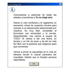 Inés Efrón Instagram - Cierra la primer convocatoria de YO NO ELEGI ESTO 
Fueron muchísimas las personas que confiaron en nuestra elección de lo casual en sus vidas y para poder dedicarnos con atención artesanal a cada unx cerramos esta primer convocatoria 
Muchas gracias a todxs , pronto tendrán más novedades
Ines Efron y @juangabrielmino

Diseño gráfico @aobre