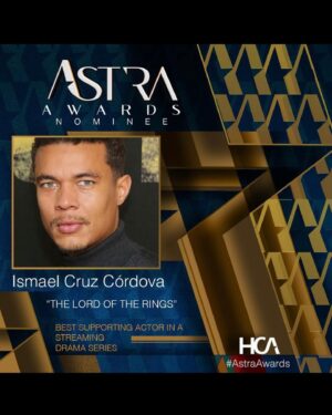 Ismael Cruz Cordova Instagram - There’s talent , and then there’s cheekbones . Thanks @hollywoodcreativealliance for the Nomination for Best Supporting Actor for @lotronprime . What’s your favorite Arondir moment ?