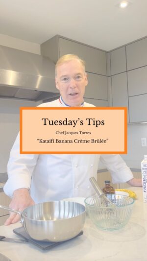 Jacques Torres Instagram - Get ready for another delightful edition of Tuesday’s Tips with Chef Jacques Torres! This week, join us as Chef Jacques creates the most heavenly Banana Crème Brûlée you’ve ever tasted with Kataifi.