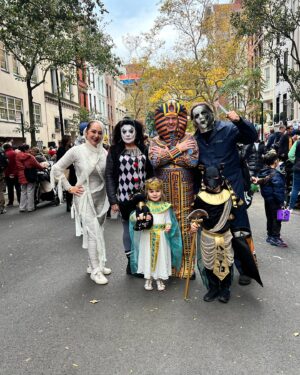 Jacques Torres Instagram - Happy Halloween from ancient Egypt!  Cleopatra, Anubis, Mummy and King Tut’s sarcophagus! Trick or treating was extra fun this year with my #mylittlebonbon and #mylittletruffle because my niece and her boyfriend are here from France to celebrate together! I think they did an excellent job with their creepy costumes 😜👍.