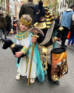 Jacques Torres Instagram - Happy Halloween from ancient Egypt!  Cleopatra, Anubis, Mummy and King Tut’s sarcophagus! Trick or treating was extra fun this year with my #mylittlebonbon and #mylittletruffle because my niece and her boyfriend are here from France to celebrate together! I think they did an excellent job with their creepy costumes 😜👍.