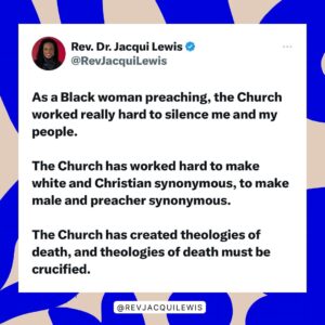 Jacqui Lewis Instagram - Love WILL have the final word. But we need to make sure that theologies of death are crucified. We need to lift theologies of LOVE. That is how we partner with God. 

❤️✊🏾

#LovePeriod #FierceLove #GodIsLove #ProgressiveChristianity #RevDrJacquiLewis #BlackWomen