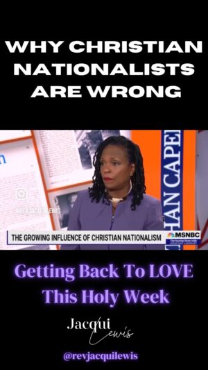 Jacqui Lewis Instagram - Don’t let Christian Nationalists fool you—-

Jesus was:

* Brown
* An Outsider
* Marginalized 
* Jewish 
* Itinerant 
* Homeless
* Not Empired

Here we are again on Palm Sunday heading into an election year. Here we are again hearing Christian Nationalists call Trump a “Messiah.” This is plain blasphemy. 

Today we HAVE to remember that Jesus fought for the disenfranchised. He was not on the side of Empire. Period. The Christian Right is loud, but there are many Progressive Christians out here, my colleagues and friends, who are doing the work of correcting the narrative. 

Jesus is LOVE. God is LOVE. Our imperative from Jesus is to take care of one another. To call Trump a “messiah” is to turn against Jesus himself and to turn toward Empire. 

Throwback to my interview with @capehartj on @msnbc. Let’s reclaim our faith as a faith of LOVE, as Jesus intended. We CAN fight back in Jesus’ name. We must. For ALL people, not just Christians.❤️✊🏾

#PalmSunday #WWJD #HolyWeek #LovePeriod #GodIsLove #RevDrJacquiLewis #FierceLove
